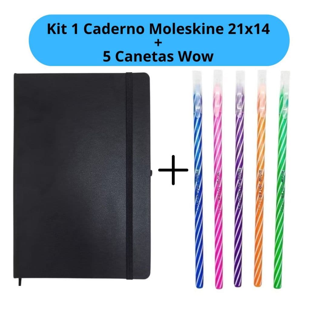Kit Caderno Moleskine 21x14cm + 5 Canetas WOW Espiral Coloridas Escolar