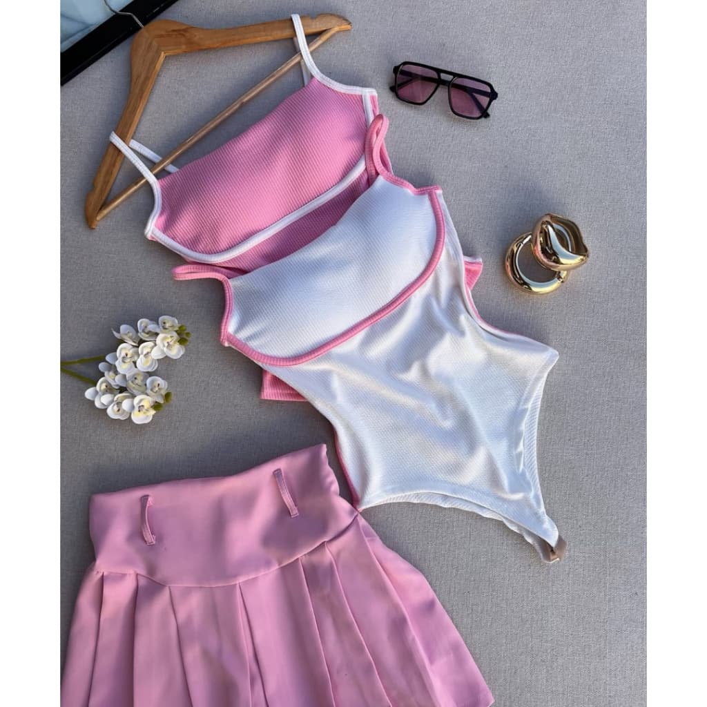 Body Alça Fina Com Bojo Modelador Canelado Casual Bicolor