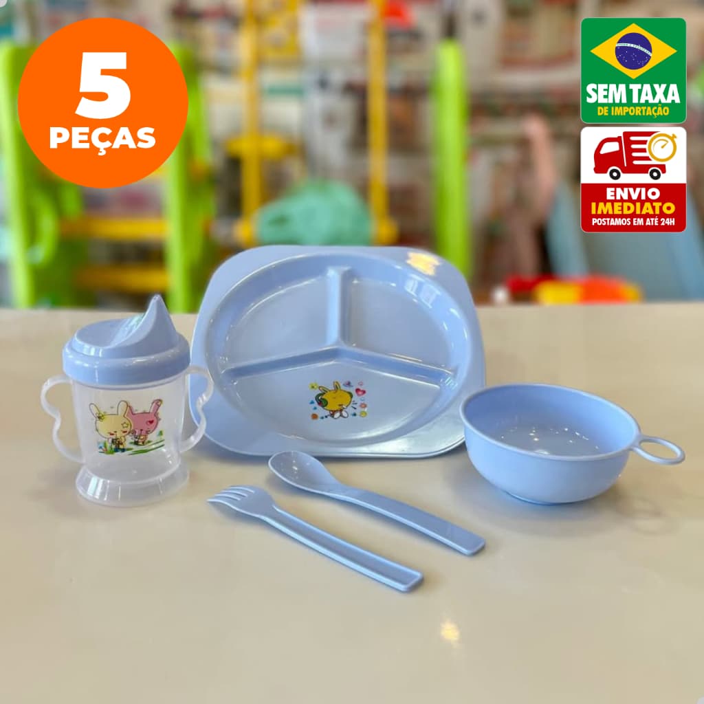 Kit Alimentação Infantil Amigold 4 ou 5 Peças Tigela Copo Talheres Prato Divisória Azul Rosa