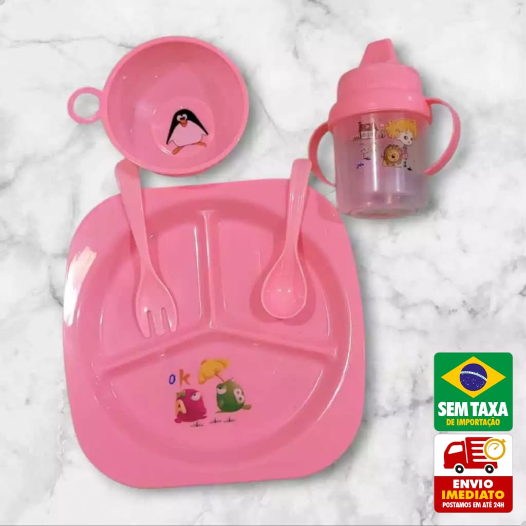 Jogo Refeição Infantil Amigold 4 ou 5 Peças Prato Copo Tigela Colher Garfo Livre de BPA