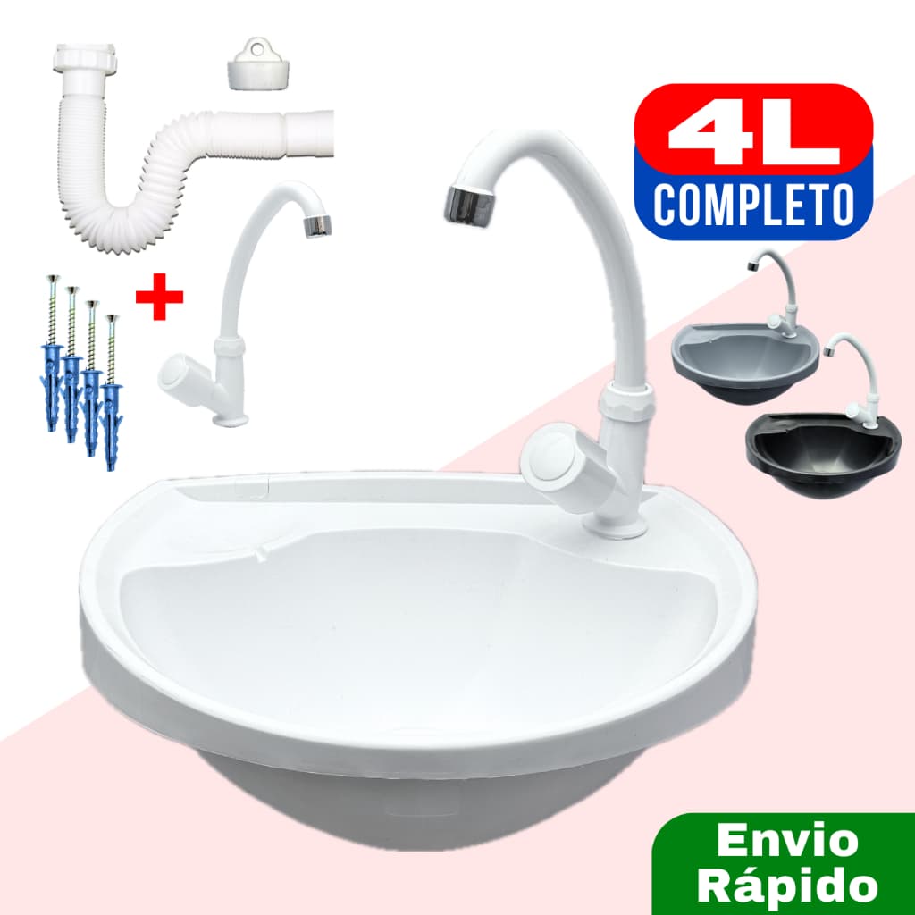 Pia Lavatório de Banheiro com Sifão e Kit de Instalação e Ralo Cuba Plástico