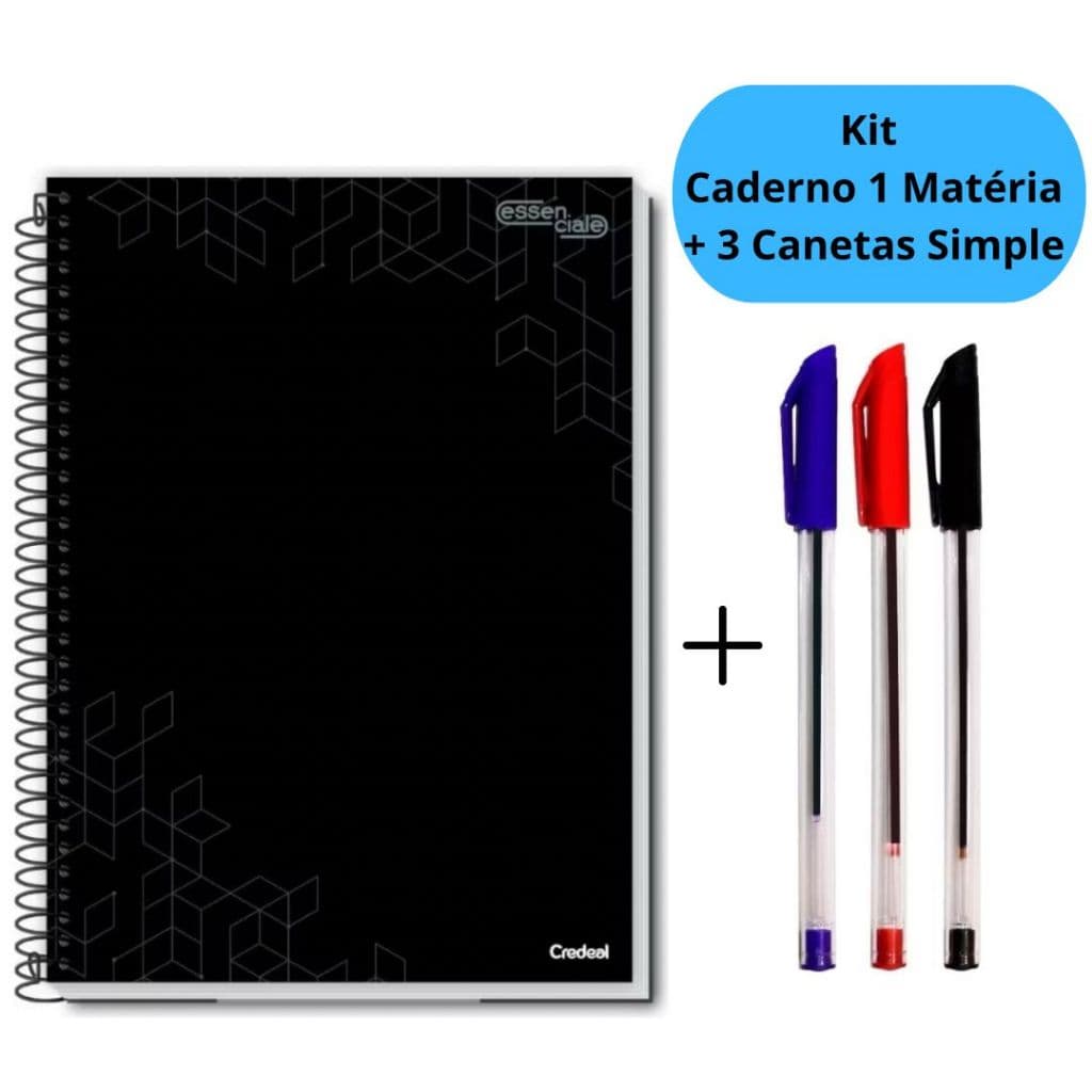 Kit Caderno Universitário 1 Matéria Preto ou Rosa com 80 Folhas + 3 Canetas Simple Espiral Escolar