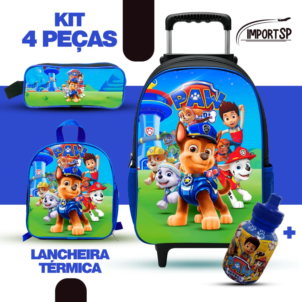 Mochila Escolar de rodinha Patrulha Canina + Lancheira TÉRMICA + Estojo