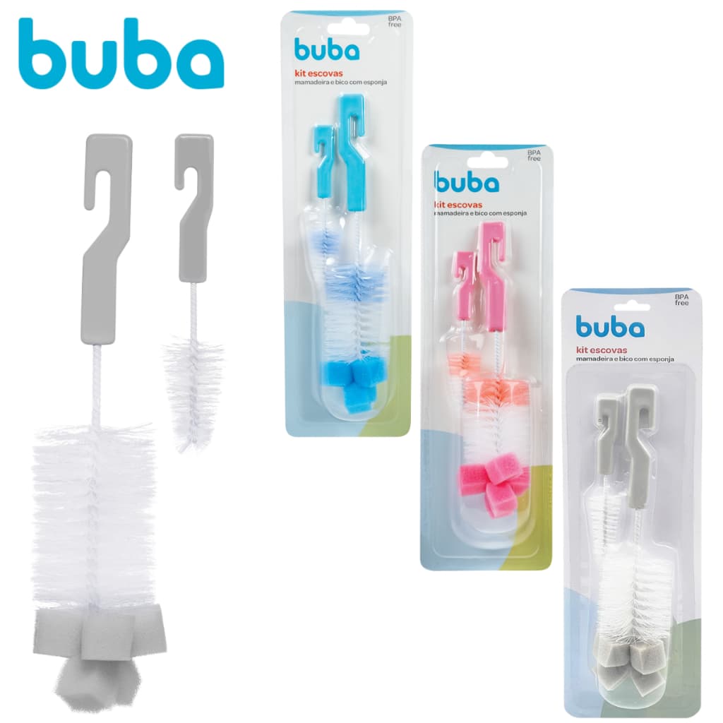 Escova Kit Para Lavar Mamadeira Buba Bico Com Esponja Azul Rosa Cinza Bebê Garrafas Térmicas multiuso infantil