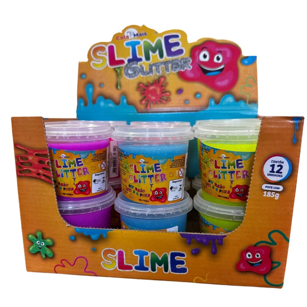 Slime com Glitter Caixa 12 Potes 185g Cola Mais | Brilho Intenso, Macio e Divertido Infantil