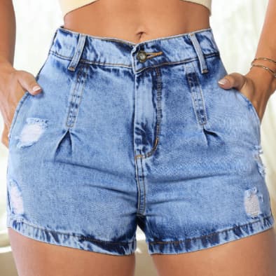 Short Jeans Feminino Cintura Alta Levanta Bumbum Sem Lycra Liso Rasgado Com Bolso Lançamento