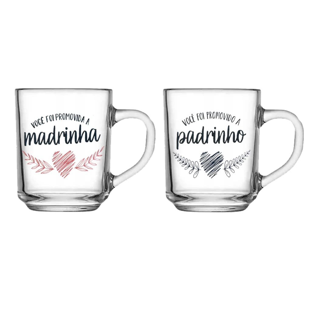 Kit De 2 Xicara Caneca De Vidro Decorado Para Casamento Batizado Madrinha E Padrinho