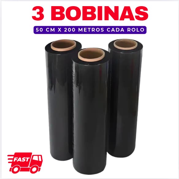 3 Filme Stretch Preto 50cm x 30 micras C/ Até 150 metros Cada Bobina