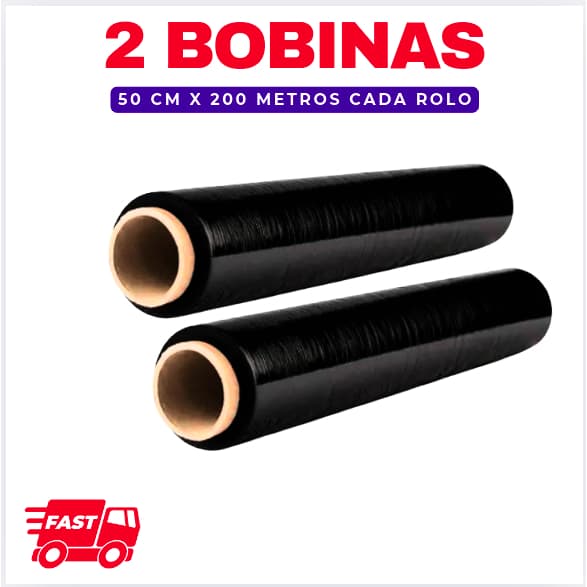2 Filme Stretch Preto 50cm x 30 micras C/ 200 metros Cada Bobina