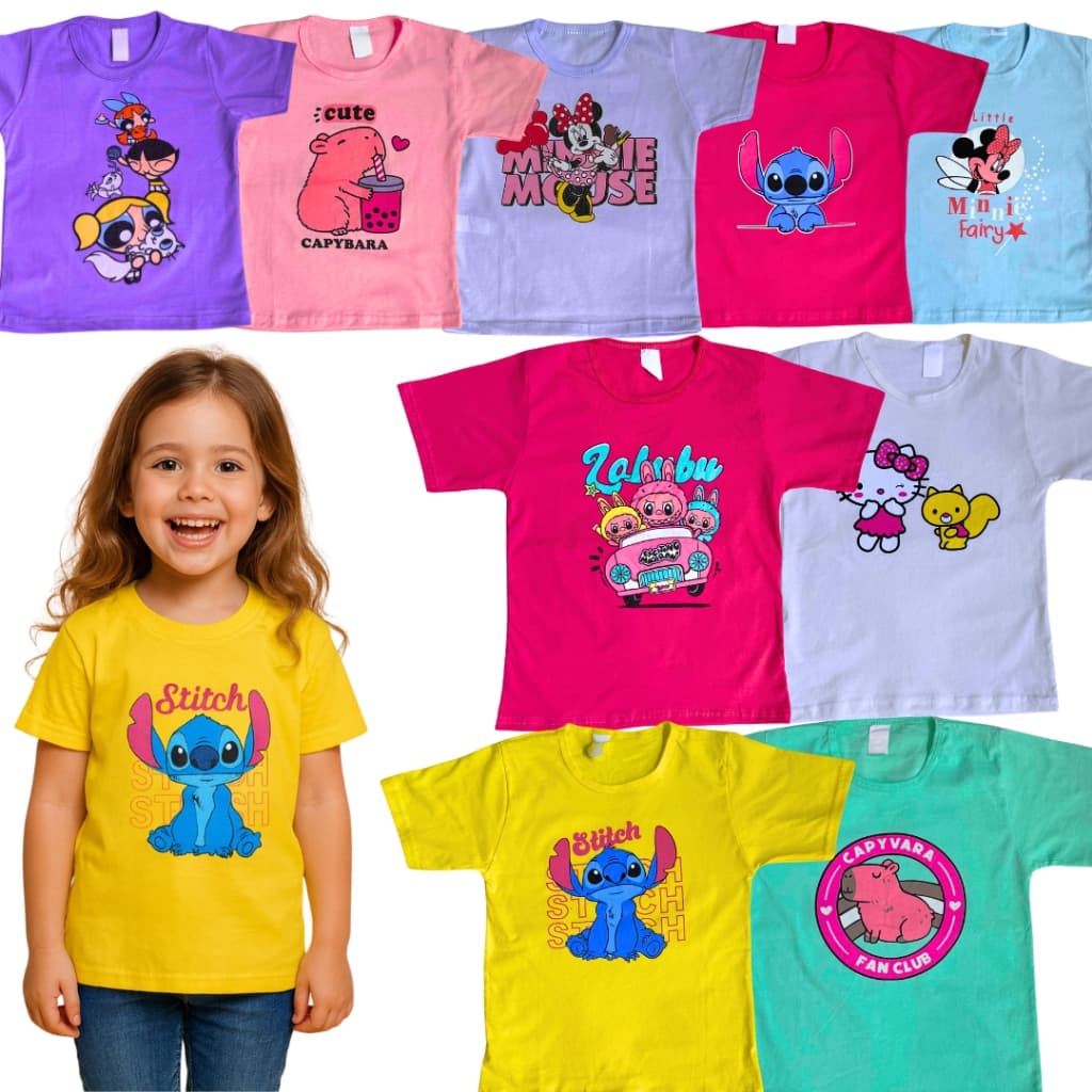 Kit 5 Camisetas Infantil Femininas 100% Algodão – Modelos Estampados Lançamentos