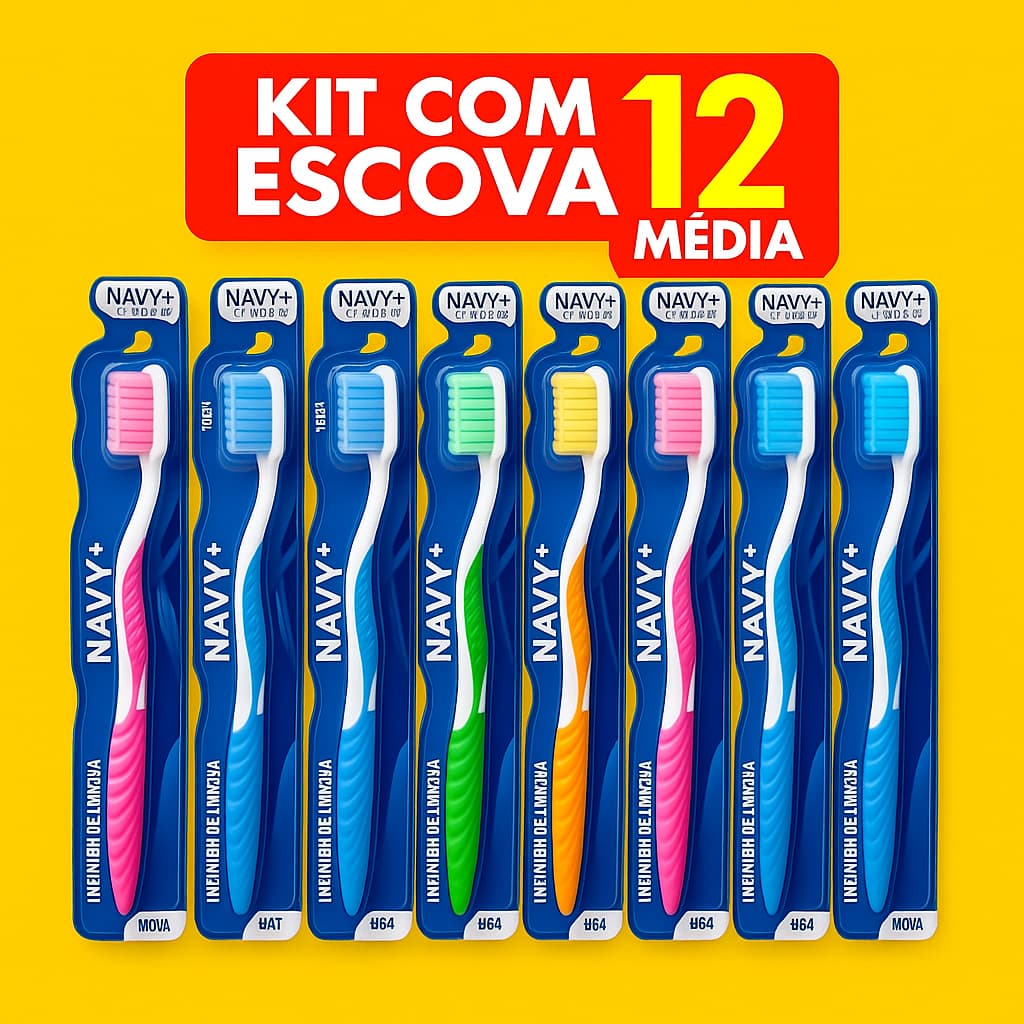 Kit Pacote Com 12 Escovas Dental Média Adulto Com Capa Protetora e Limpador De Lingua