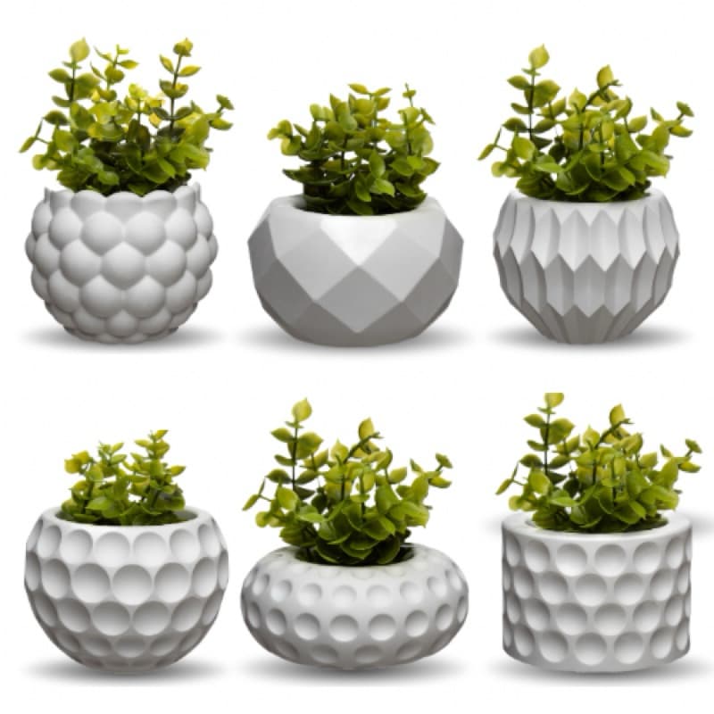 Kit 6 vasos decorativos com plantas artificiais inclusas para decoração sala quarto banheiro lavabo