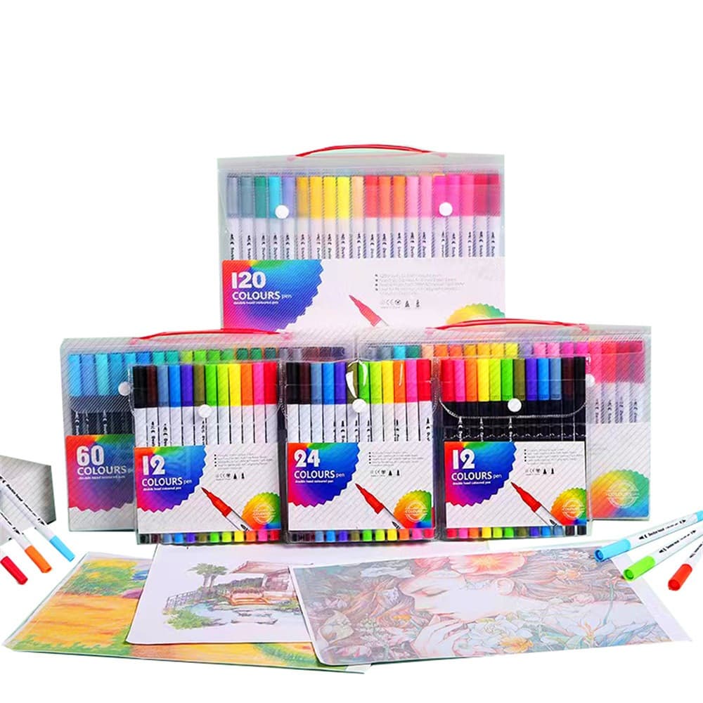 12/24/36/60/80/ Cores Canetas Coloridas Kit 2 em 1 Brush Lettering e Ponta Fina Dual Pen Canetinha Colorir Desenho