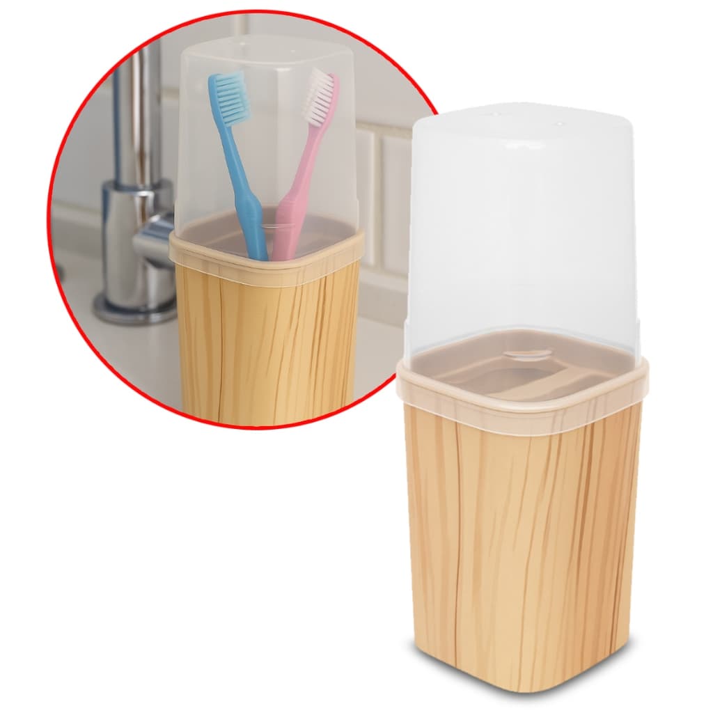 Porta Escova Creme Dental de Plástico com Tampa Madeira Banheiro Plasutil