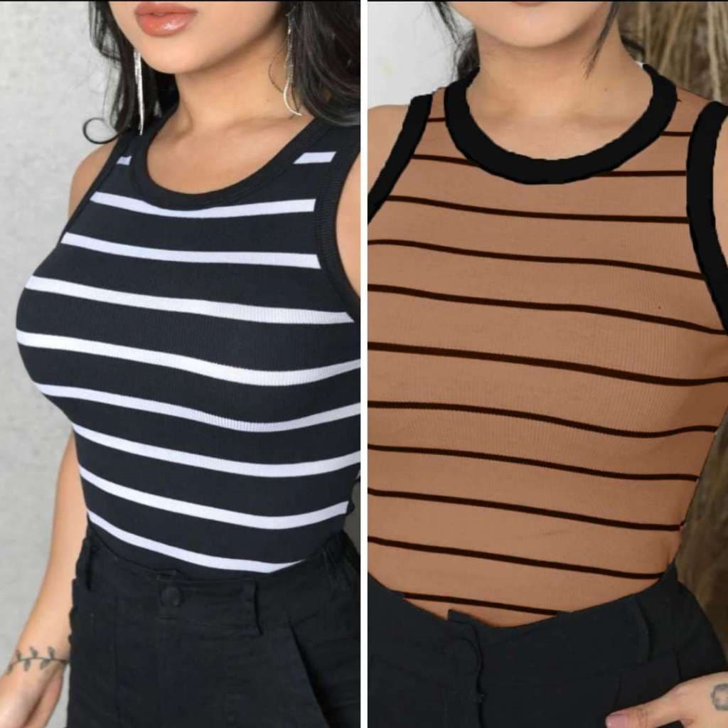 Kit 2 Blusa Feminina Camiseta Regata Canelada Listrada e Lisa Ribana Camiseta Básica Blusa Regata