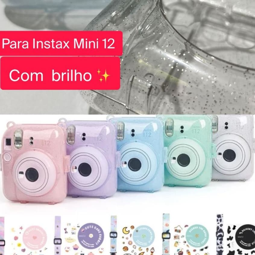 Bolsa Capa Case para Câmera Instax Mini 12 com brilho e compartimentos para fotos