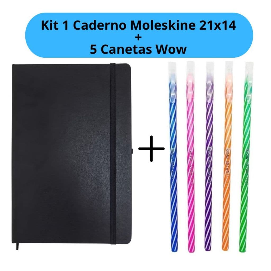 Kit Caderno Moleskine 21x14cm + 5 Canetas WOW Coloridas Espiral Escolar