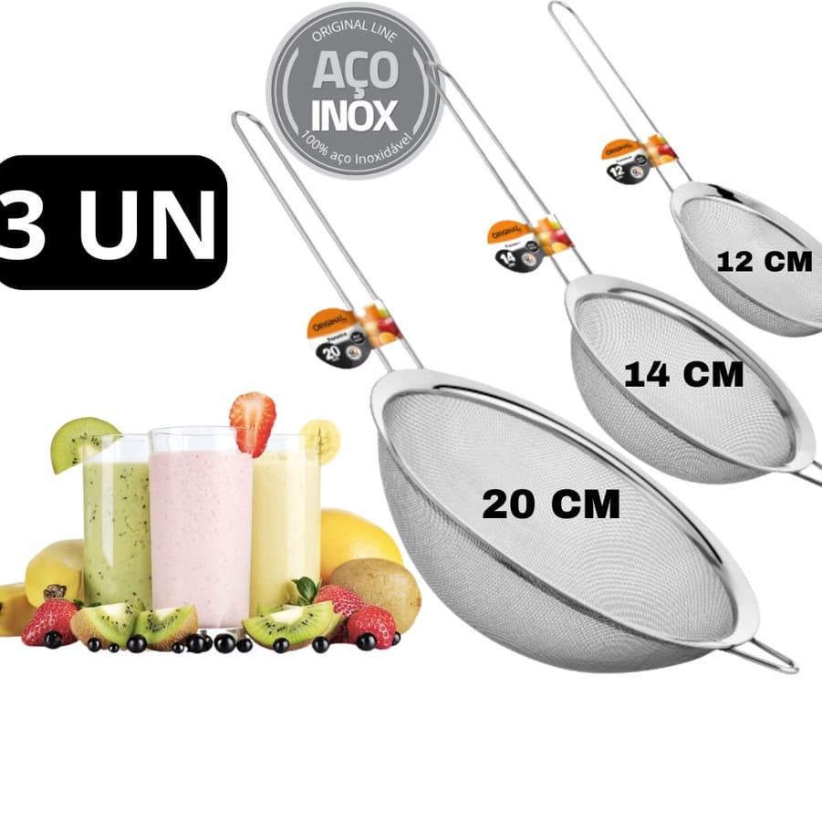 Kit 03 Peneira Coador Manual Em Aço Inox Para Cozinha 12cm 14cm 20cm Confeitaria Cozinha Suco Receitas Bolos Pães