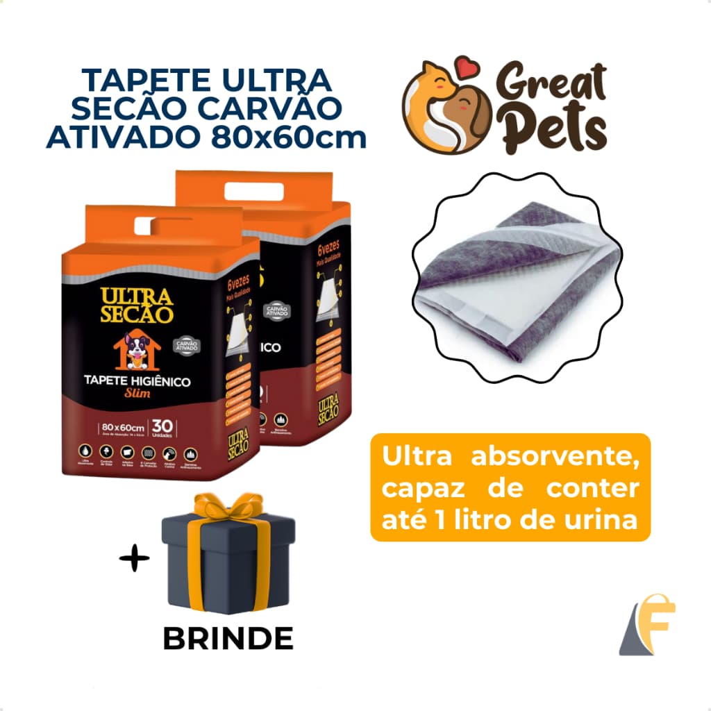 Kit 2 Tapete Higiênico Cães Carvão Ativado 80x60 30un Ultra Secão + Brinde