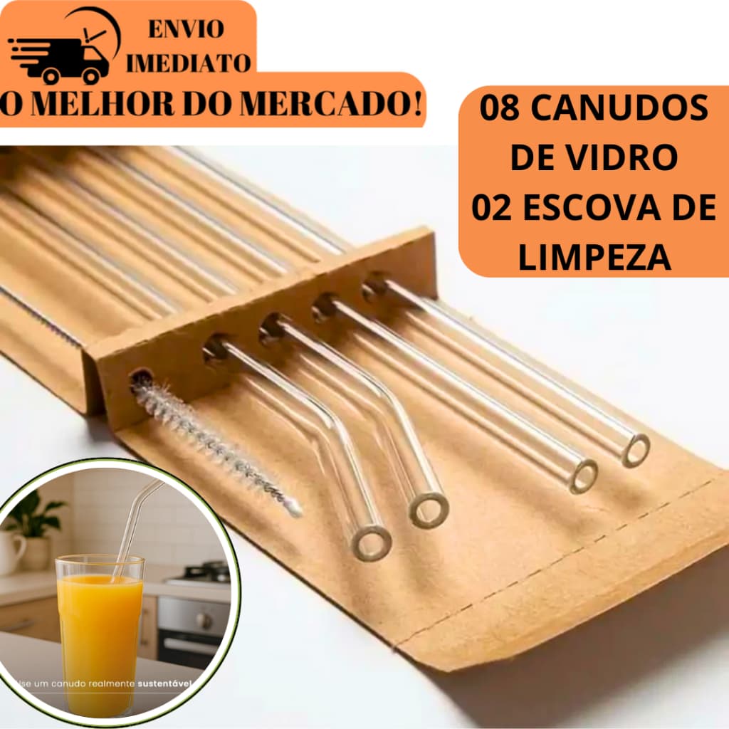Kit 8 Canudos de Vidro e 2 Escova de Limpeza Transparente Ecológico e Higiênico