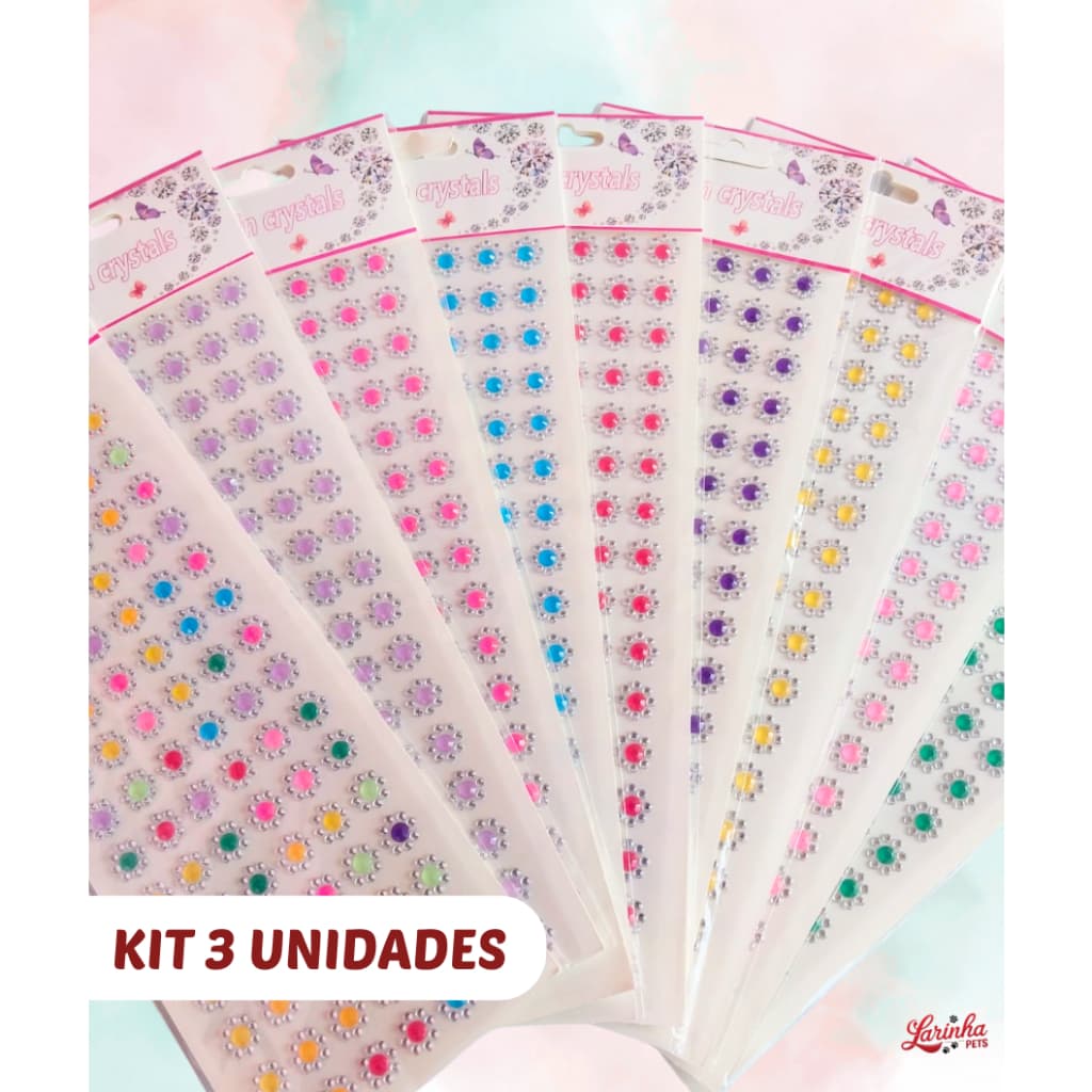 Cartelas de Adesivos Strass - 3 Unidades com 96 adesivos - Cores sortidas