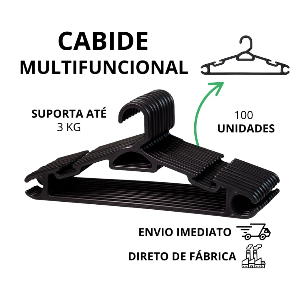 Cabide Adulto Preto Reforçado Multifuncional Organizar Roupas Kit 10 a 100un 38cm Suporta até 3Kg