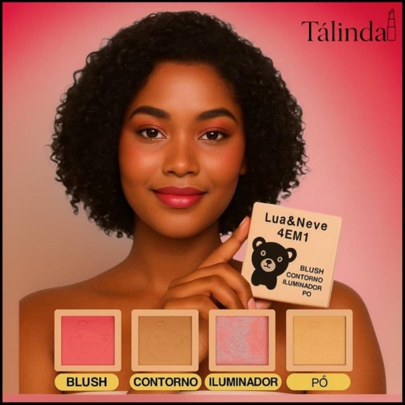 Mini Quarteto 4 em 1 Blush + Pó + Contorno + Iluminador - Lua a Neve Paleta de Bolsa Com Espelhinho
