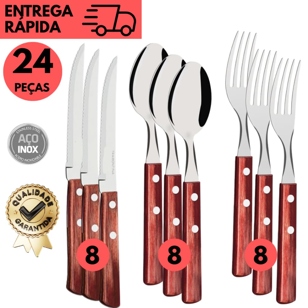 Kits 24/12 Talher de Inox Cabo de Madeira Resistentes para Refeição 8 Facas, 8 Colher, 8 Garfo