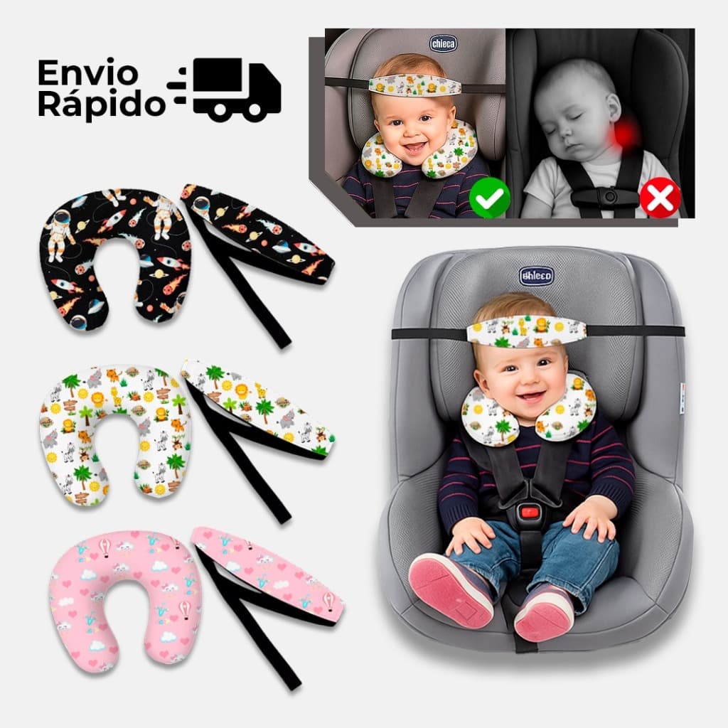 Kit Almofada de pescoço + Faixa Apoio Suporte Cabeça de Bebê Cadeirinha Carro