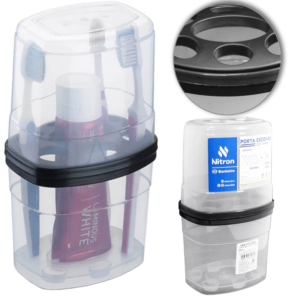Porta Escova Dental De Pia Plástico Com Tampa Preto / Branco
