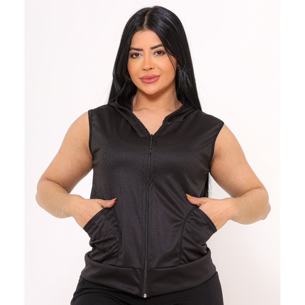 Jaqueta Colete Dry Fit Preta Com Capuz Academia Caminhada