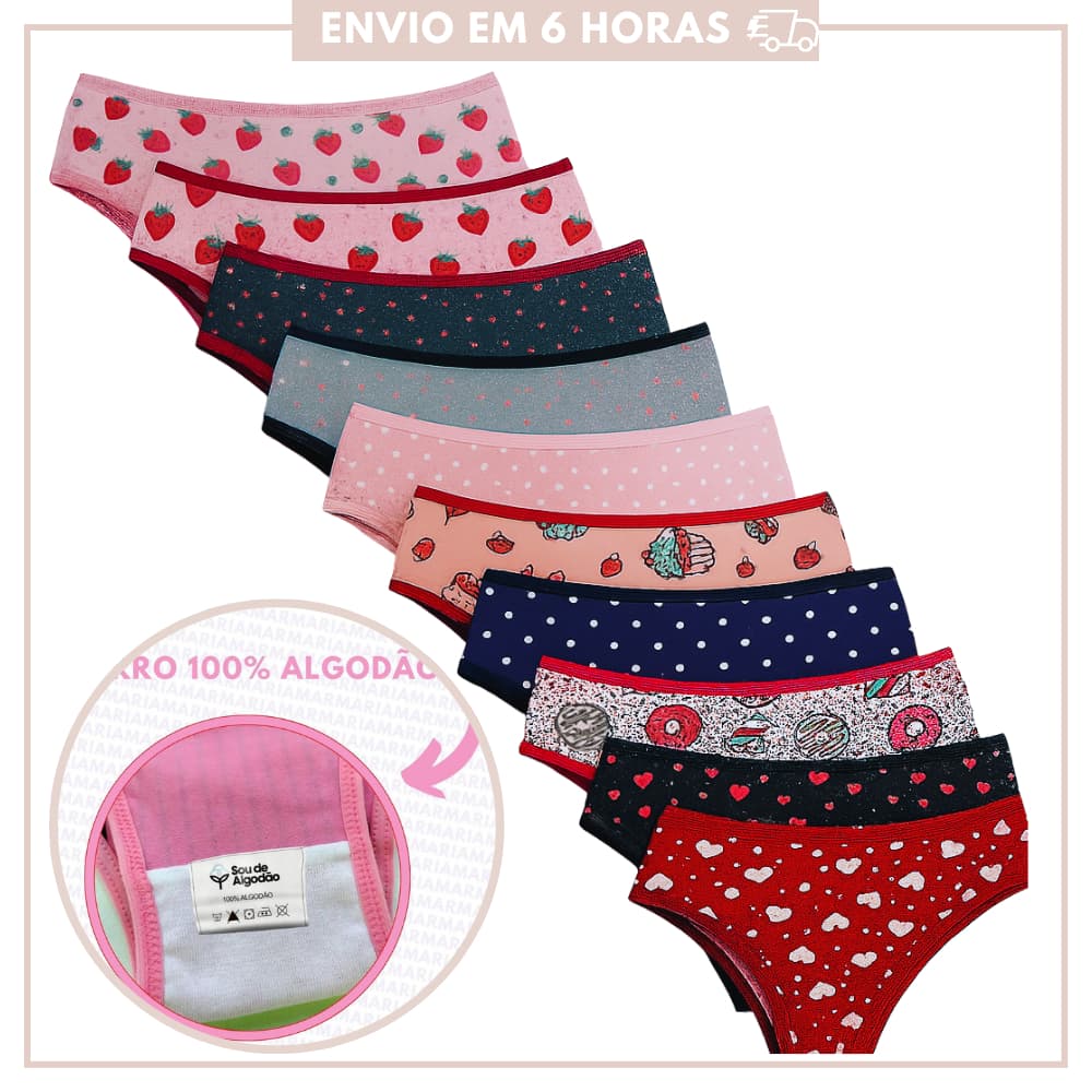 Kit com 5 ou 10 Calcinhas Infantojuvenil em Algodão com Forro 100% Algodão