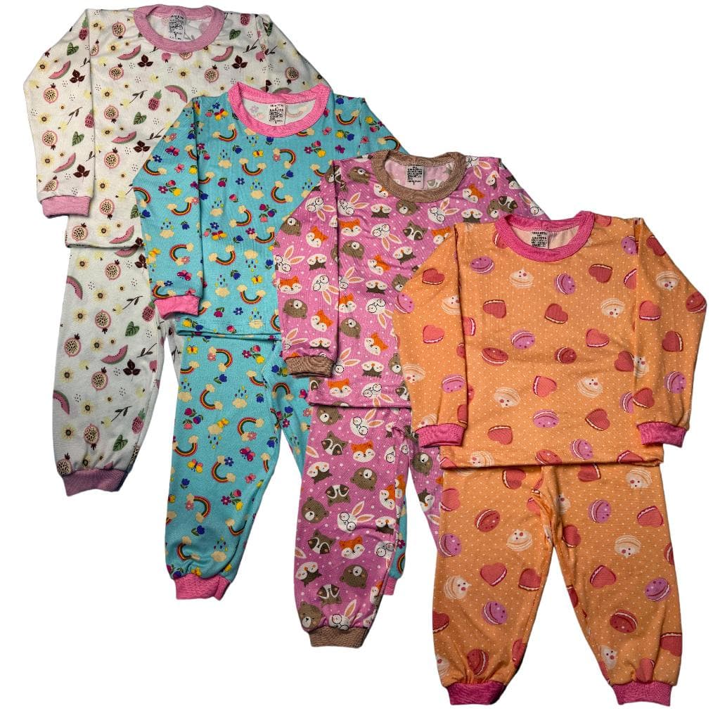 Kit 4 Pijamas Infantil Estampado Feminino Menina 4 Blusas Manga Longa 4 Calças Suede
