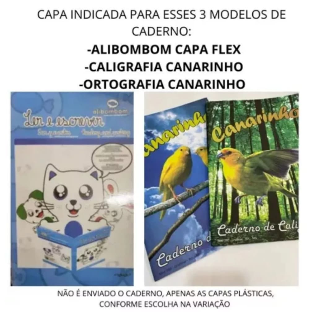 CAPA PRONTA PLÁSTICA PARA ENCAPAR CADERNO BROCHURÃO BROCHURA CAPA FLEX ALIBOMBOM E CANARINHO 60 FOLHAS-