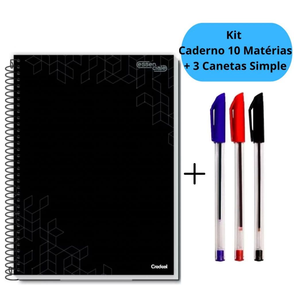 Kit Caderno Universitário 10 Matérias Preto Rosa com 80 Folhas Capa Dura + 3 Canetas Simple Espiral Escolar