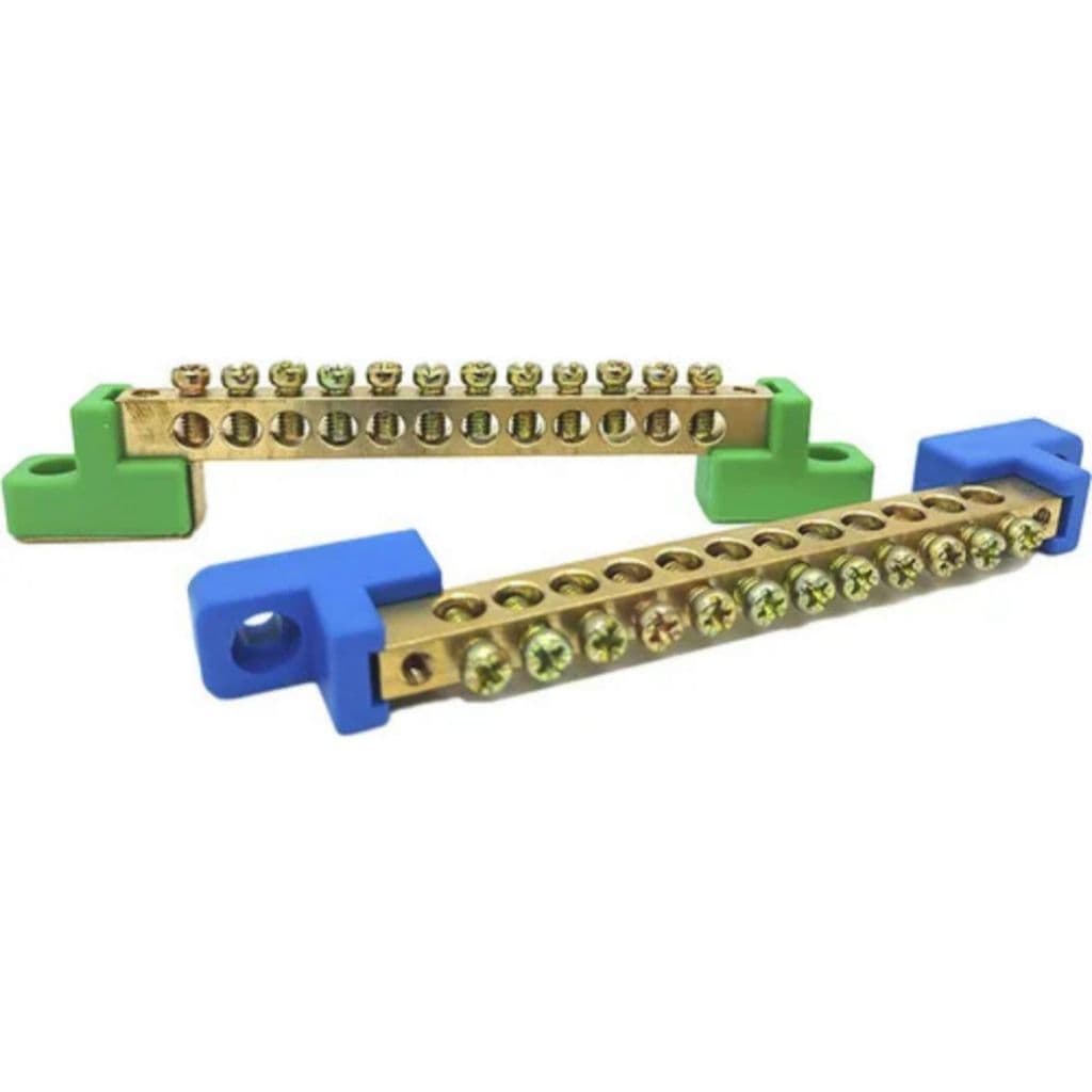 Barramento Terra + Neutro 12 conexões Barramento De Distribuição Verde e Azul 80A kit 2 peças