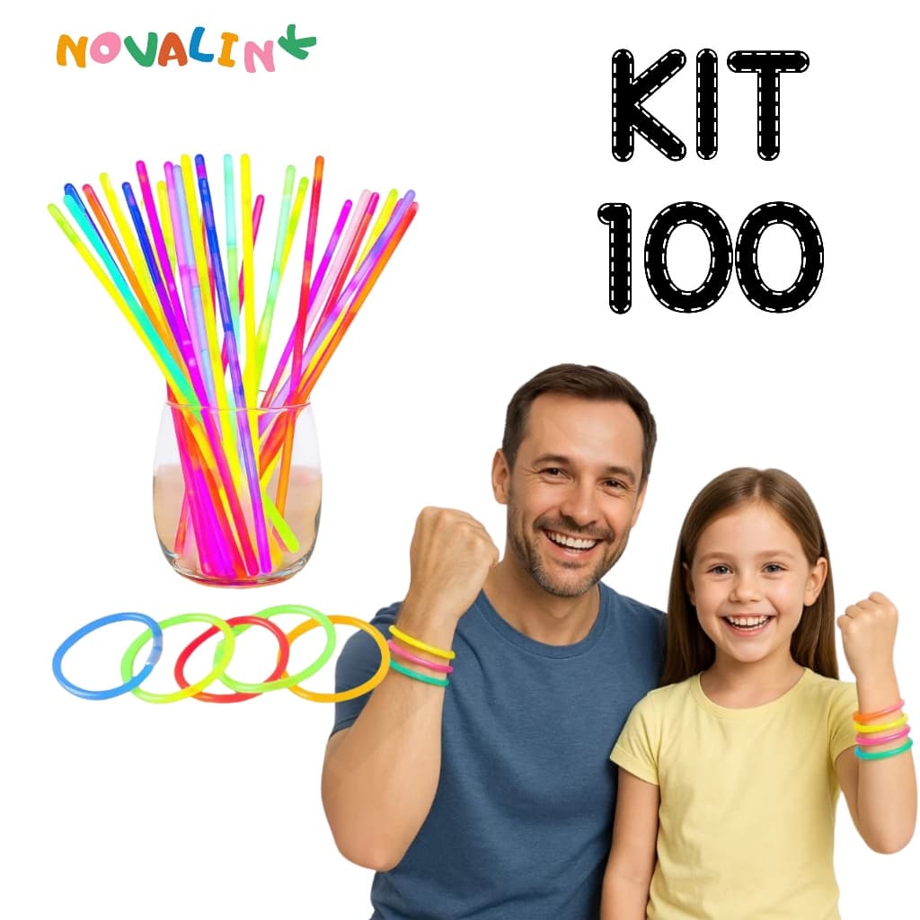 Kit com 100 Pulseiras Neon Alto Brilho Fluorescente Tubo Diversas Cores Brilha no Escuro