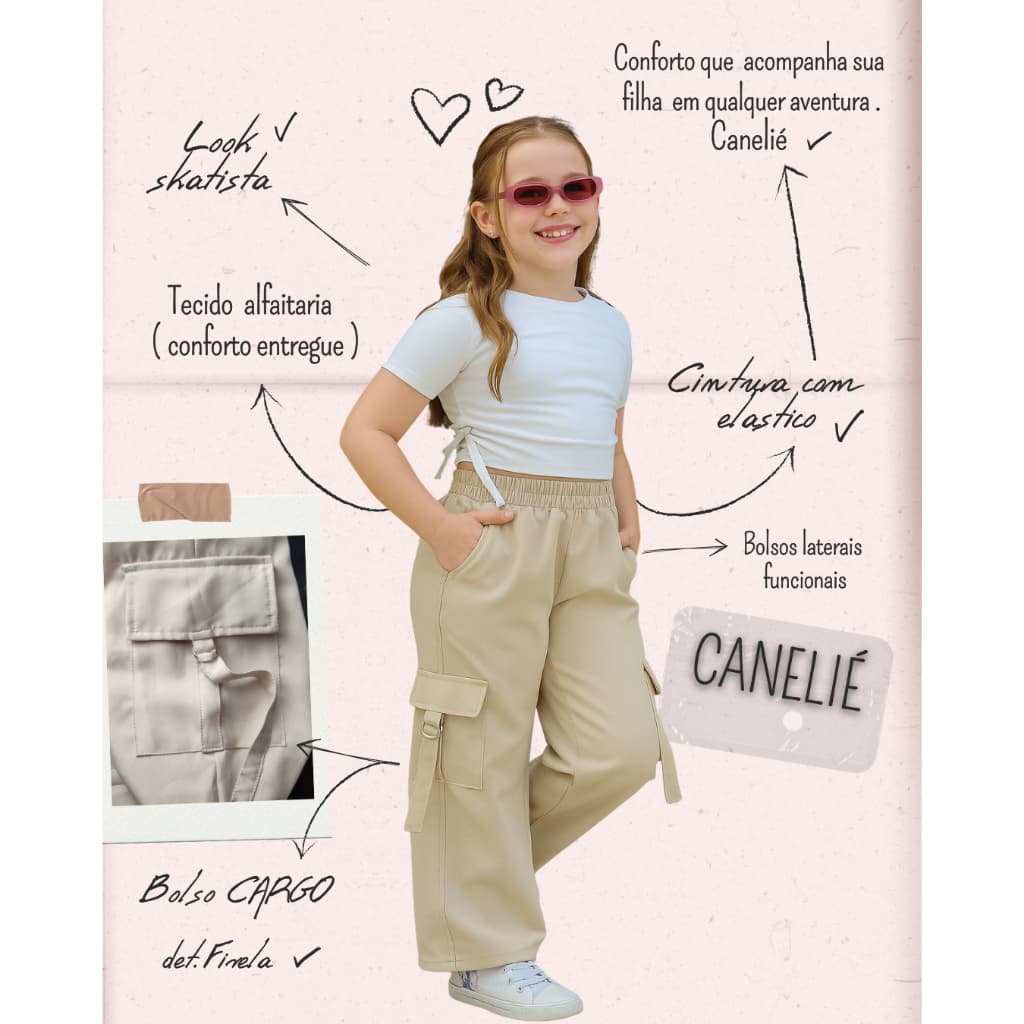 CALÇA PANTALONA CARGO INFANTIL JUVENIL MENINA DE ALFAIATARIA PREMIUM BLOGUEIRINHA
