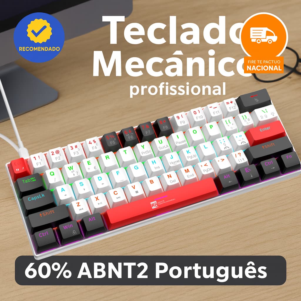 Teclado Gamer Mecânico 60% Switch Azul Profissional Cabo Removível USB Portugues ABNT2