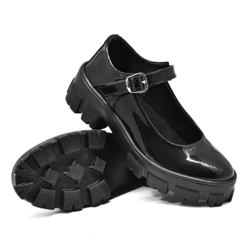 Sapato Mary Jane Feminino Tratorado Sapatilha Boneca Preto Verniz