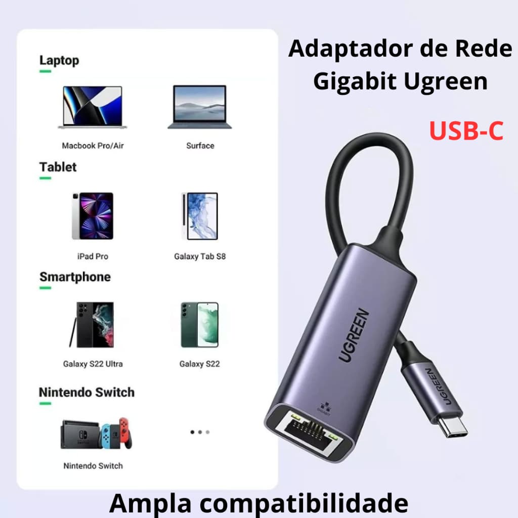 Adaptador UGREEN USB-C 3.1 Para Ethernet RJ45 1000Mbps para Gamer Jogos e Streaming