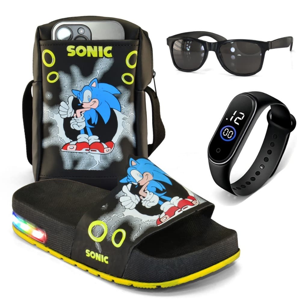 Kit Chinelo Infantil LED com Bolsa + Relógio + Óculos do Sonic | Super Promoção