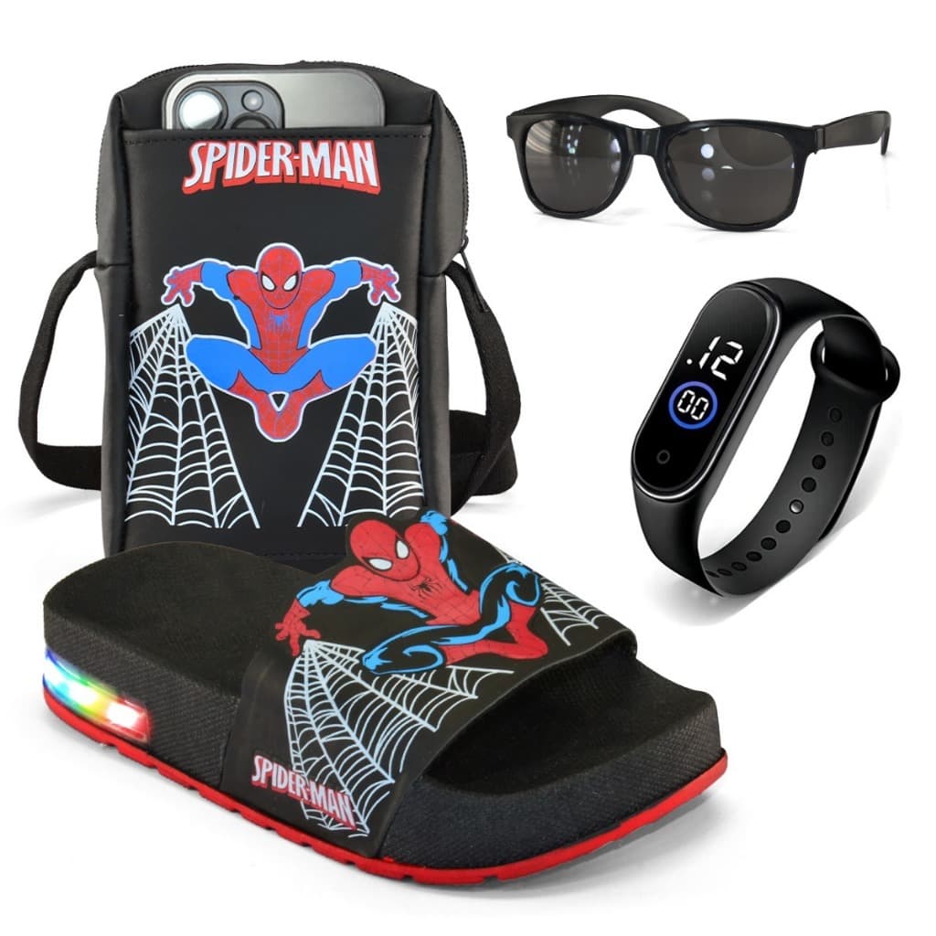 Kit Chinelo Slide Infantil LED Homem-Aranha + Bolsa + Relógio + Óculos | Original | Pronta Entrega
