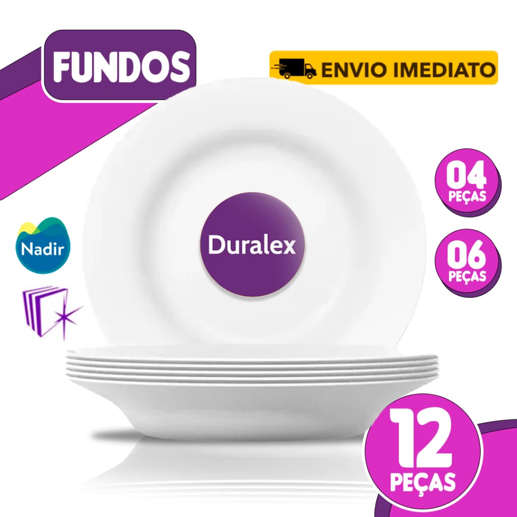 KIT Pratos Fundos Duralex Opaline 23cm Vidro Temperado Branco – 4/6/12 Unidades Kit Cozinha Almoço