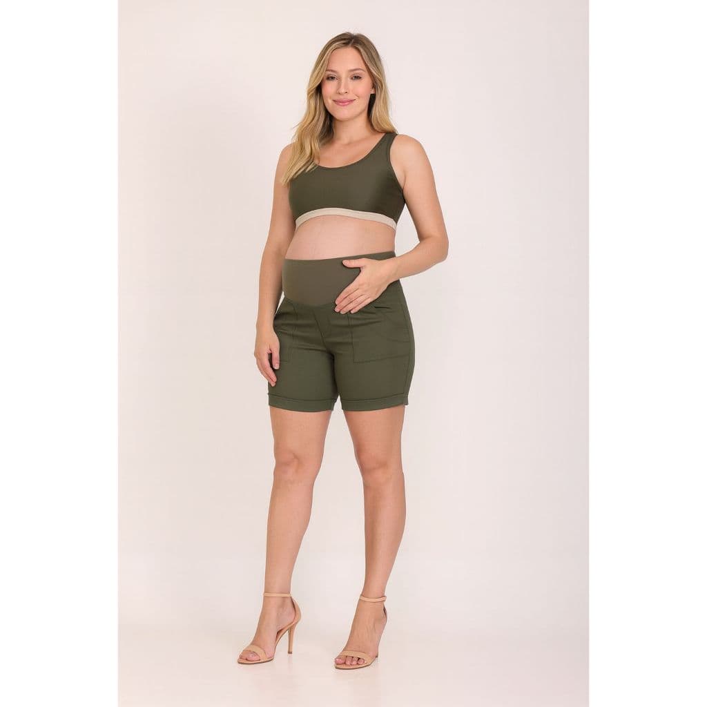 Short Gestante de Brim com Lycra Verde Militar  e Cós em Suplex Gravida Short Fresco Gestante – Confortável do P ao EXG