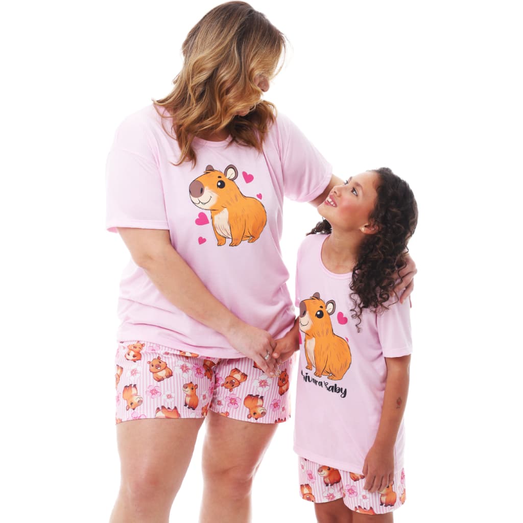 Kit Mãe e Filha Pijama Feminino de Verão / Meia Estação Estampa de Capivara