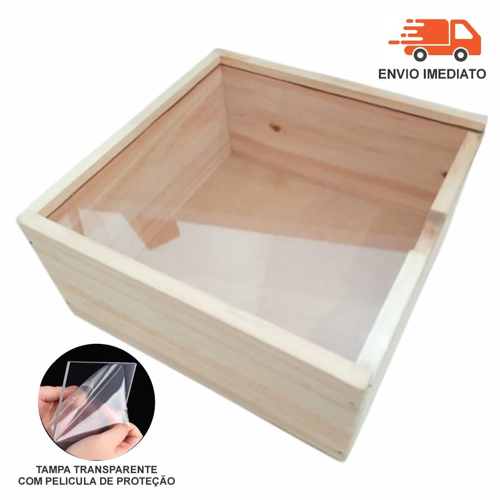 ENVIO IMEDIATO Caixa para Presente em Madeira Pinus com tampa acrílico transparente tipo estojo