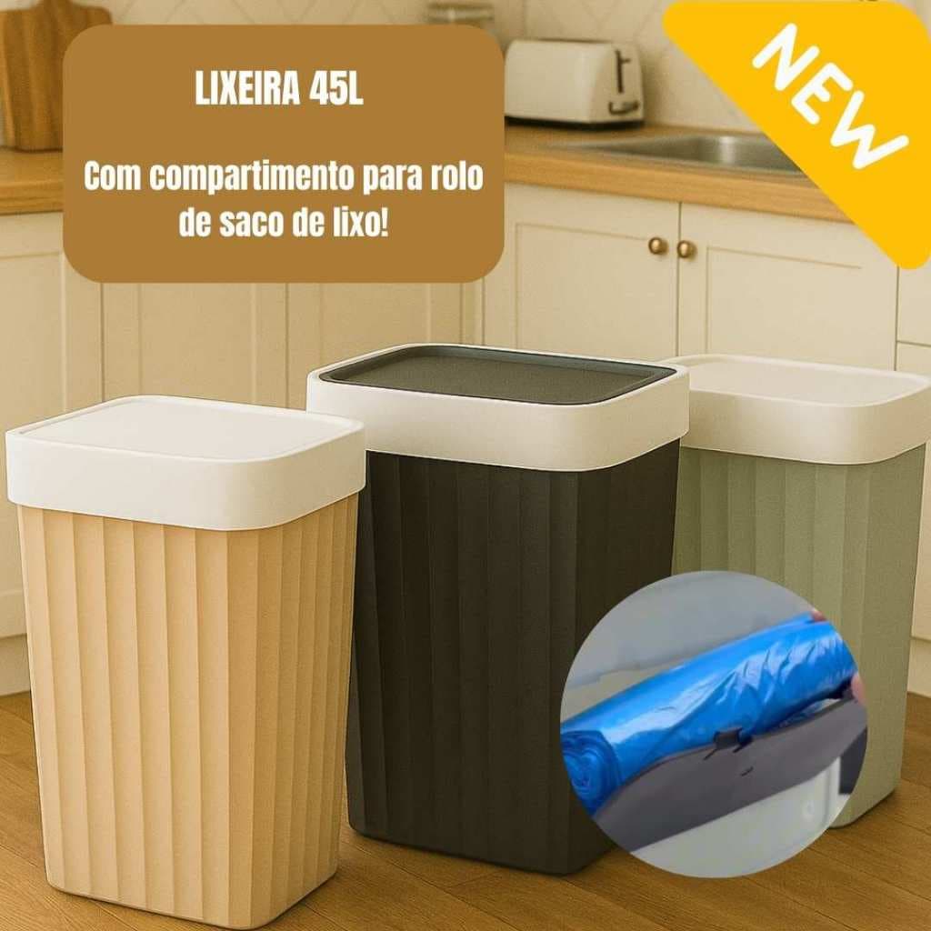 Lixeira Inteligente Grande Resistente 45 Litros Com Compartimento Para Sacos de Lixo