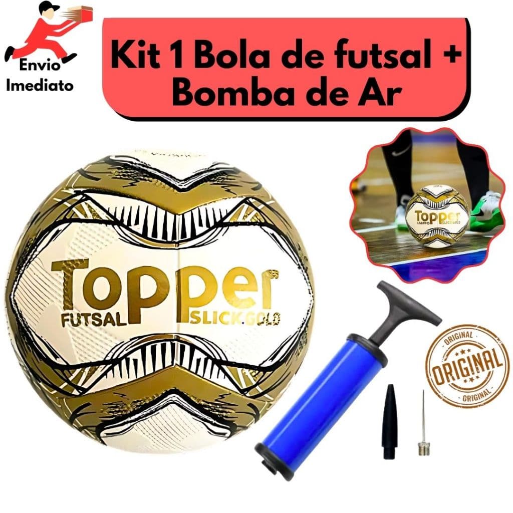 Bola de Futsal Topper Gold Slick Oficial Original + Bomba Portátil Futebol de Salão Profissional