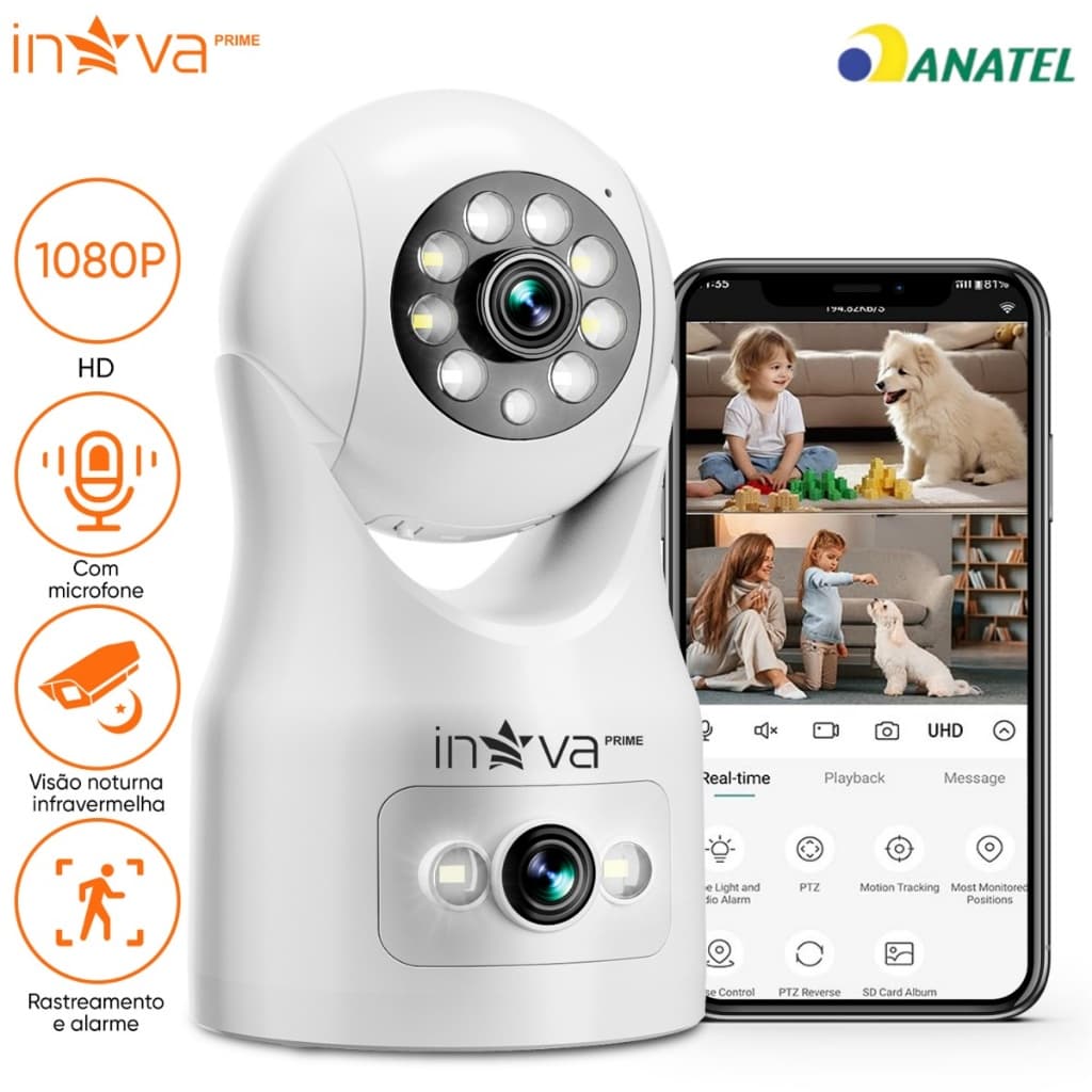INOVA câmera wifi visão noturna full HD 360º microfone áudio babá eletrônica robozinho sem fio